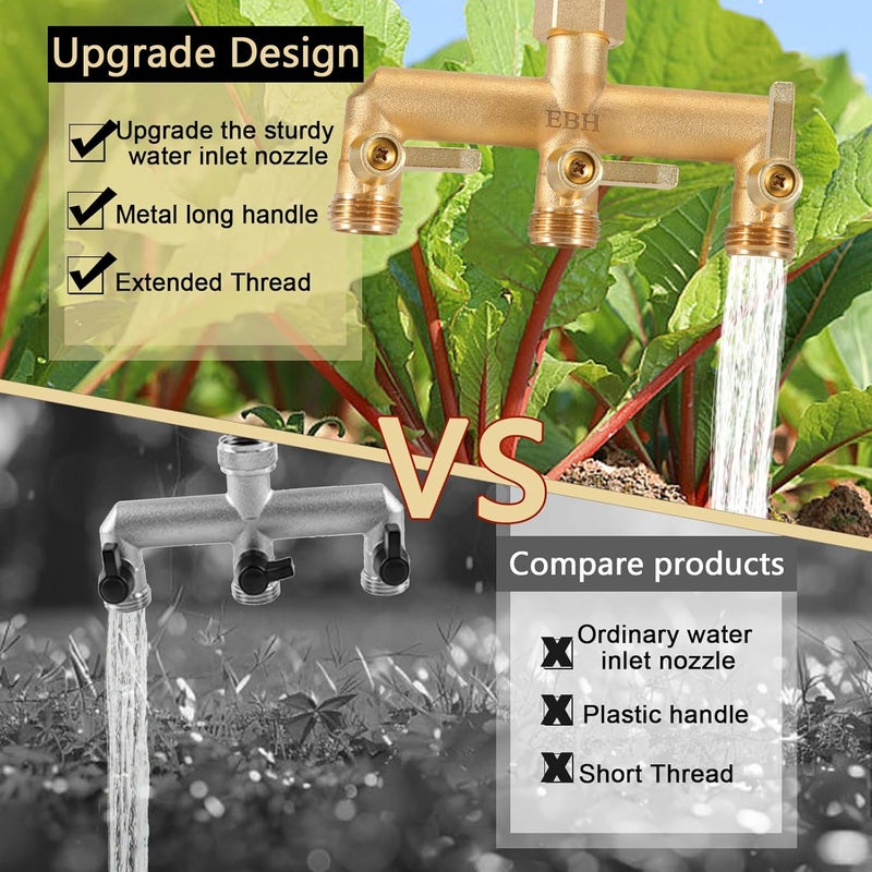EBH Brass Garden Hose Splitter, 3 Way Outdoor Faucet Splitter, 3 Long Metal Handle and Individual On/Off Valve, GHT 3/4-Inch Heavy Duty Hex Female Inlet and 3/4-Inch Male Outlet - Image 5